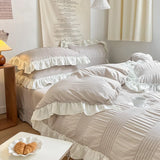 Qfdian Ins Style Korean Bedding Set Lace Seersucker 4-piece Bed Sheet Set Quilt Cover Solid Duvet Cover For Girl Spring Decor Home