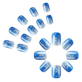 Qfdian  24pcs Merry Christmas Press On Nails Glitter Blue Short Square False Nail With Snowflake Designs French Fake Nail For Women