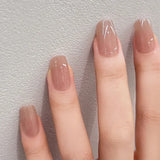 Qfdian 24Pcs Nude Pink Nail Tips Short Round Head False Nails with Design Wearable Finished Fake Nails Full Cover Press on Nails