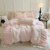 Qfdian  Pink Princess Style Pleated Lace Ruffles Carved Velvet Warm Soft Bedding Set Duvet Cover Flat/Fitted Bed Sheet Pillowcases 4Pcs