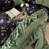 Qfdian 1000TC Egyptian Cotton Vintage Rose Prints Pleated Ruffles Purple Bedding Set Duvet Cover Flat/Fitted Bed Sheet Pillowcases 4Pcs
