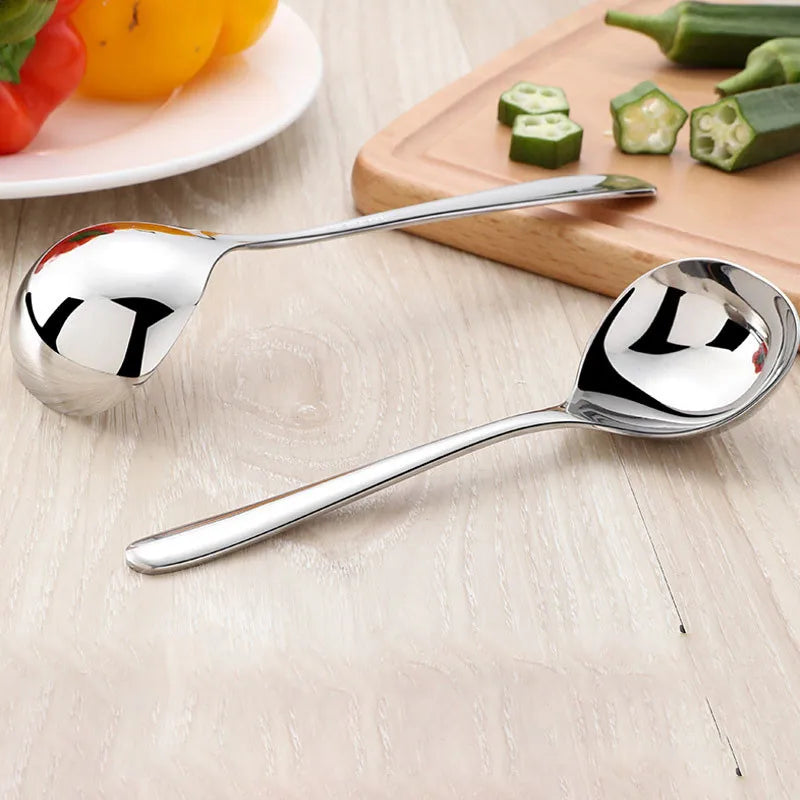 Qfdian Stainless Steel Thickening Spoon Creative Long Handle Hotel Hot Pot Spoon Soup Ladle Korean Soup Scoop Home Kitchen Tools