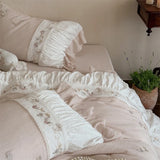 Qfdian  Flowers Embroidery Pleated Ruffles Bedding Set Double Layer Crepe Yarn 100% Cotton Duvet Cover Flat Sheet Pillowcase 4Pcs