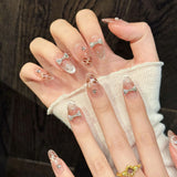 Qfdian  10pcs Handmade Glitter Pink Press on Nails Shiny Bow Diamond Design False Nails Wearable Sweet French Cat Eye Fake Nail Tips