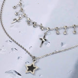 Qfdian Trendy Vintage Black Star Cross Pendant Multi Layer Chain Necklace For Women Girl Gothic Y2K Charm Jewelry Accessories Wholesale