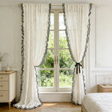 Qfdian  Cream Style Velvet Pole Twig Pattern with Black Ruffled Lace Trim Unique Design Opaque Tulle Curtains For Bedroom Living Room