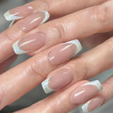 Qfdian 24Pcs Gradient Short Ballet Nails Set with Glue White Simple False Nails Coffin Fake Nail Press on Nails Full Cover Nail Tips