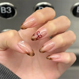 Qfdian  24pcs Simple Blue Bowknots Press On Nails Glossy White Edge French Style Flower Brid Pattern Spring False Nails Almond Fake Nail