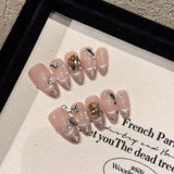 Qfdian Handmade Press on Nails Shiny Cat Eye French Fake Nails with Butterfly Rhinestone Wearable Detachable Glitter Almond False Nails