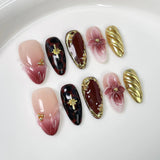 Qfdian  10pcs Handmade Almond Press on Nails Ins Leopard Print French False Nails with 3D Carving Petals Design Fake Nail Tips Wearable