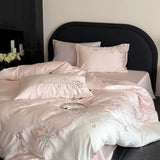 Qfdian 600TC Lyocell Bamboo Fiber Soft Silky Bedding Set Pink Flowers Embroidery Duvet Cover Flat/Fitted Bed Sheet Pillowcases 3/4Pcs