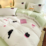 Qfdian Korean Style Pink Bedding Set Black Cat Embroidery Washed Cotton  Duvet Cover Cute Cardboard  Bed linen Comforter Sets
