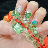 Qfdian 10pcs High Quality Handmade Press on Nails BLingBLing Green Starry Sky Shining Eyes Nail Equipment Nails for Kids Girl