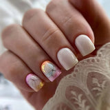 Qfdian 24Pcs Simple Yellow Fake Nails White Flower Design Press on Nails Short Square Head Detachable Nail Tips Full Cover False Nail