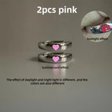 Qfdian  2 Piece Glowing Heart Shaped Couples Ring Set Zinc Alloy Adjustable Rings Glow in The Dark