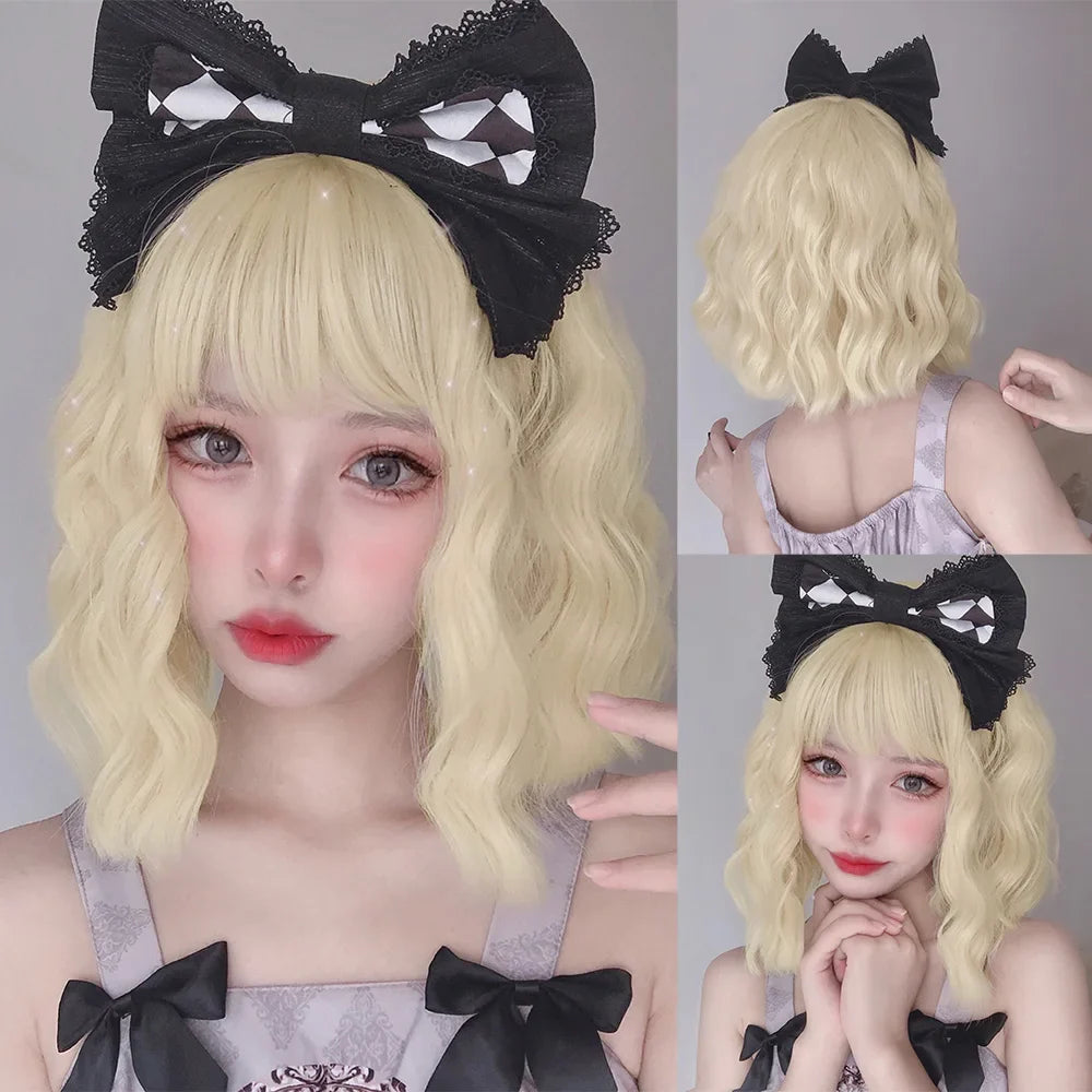 Qfdian 12Inch Blonde Lolita Synthetic Wigs With Bang Short Natural Wavy Hair Wig For Women Daily Use Cosplay Drag Party Heat Resistant