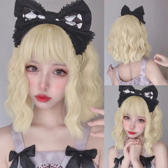 Qfdian 12Inch Blonde Lolita Synthetic Wigs With Bang Short Natural Wavy Hair Wig For Women Daily Use Cosplay Drag Party Heat Resistant