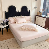 Qfdian  4Pcs Korean Style Lace Flowers Embroidery Princess Wedding Bedding Set Duvet Cover Bed Sheet/Fitted Sheet/Bed Skirt Pillowcases