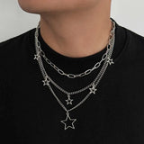 Qfdian  Punk Silver Color Cross Pendant Necklace for Women Men Gothic Hip Hop Metal Star Tassel Multi Layer Necklace Party Jewelry Gifts