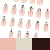 Qfdian  24pcs Light Coffee French Style Press On Nails Leopard Print Almond Spicy Girl Fake Nails With Bowknots Pearl Decor False Nail