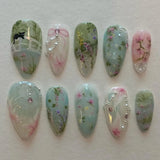 Qfdian  24pcs Press on Fake Nails Set Almond Wearable Simple French Flower False Nail Art Gold Beads Design Diamond Manicure Tips