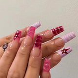 Qfdian 24Pcs Extra Long Square Fake Nail with Glue 3D Little Bear Bow Design False Nails White French Press on Nails Wearable Manicure