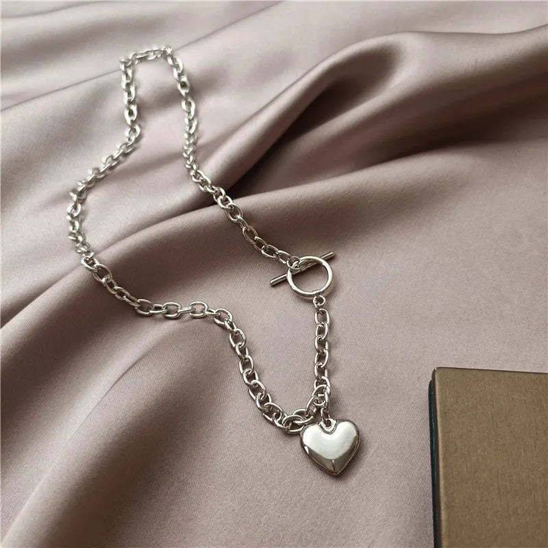 Punk Thick Lock Chain Heart Shape Pendant Choker Necklace for Women Retro Silver Color Metal Neck Chain Female Jewelry Gift