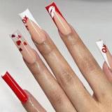 Qfdian 24Pcs Extra Long Square Fake Nail with Glue 3D Little Bear Bow Design False Nails White French Press on Nails Wearable Manicure