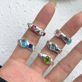 Qfdian  Minimalist Handmade Zircon Ring Simple Design Retro Texture Crystal Ring Irregular Shape Matte Finish Gemstone Ring