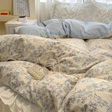 Qfdian  Floral print Korean style Princess Lace Bedding Set Duvet Cover Set Washed Cotton Flat Sheet set Queen For Girl Decor Home