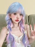 Qfdian 26Inch Fantasy Purple Mix Lolita Synthetic Wigs With Bang Long Natural Wavy Hair Wig For Women Cosplay Daily Use Heat Resistant