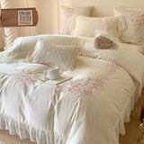 Qfdian 4Pcs Flowers Embroidery Lace Ruffles Princess Wedding Bedding Set Egyptian Cotton Duvet Cover Bed Sheet/Fitted Sheet Pillowcases