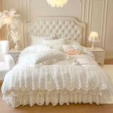 Qfdian 4/6Pcs Pink Princess Wedding Lace Embroidery Korean Style Bedding Set King Queen Size Duvet Cover Bed Skirt Bedspread Pillowcase