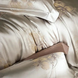 Qfdian Flower Jacquard Color Blocking Luxury Bedding Set Lyocell Cotton Soft Silky Duvet Cover Flat/Fitted Bed Sheet Pillowcases 4Pcs