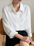 Qfdian  New Thin White Shirts Long Sleeve Buttons Women Turn-Down Collar Loose Office Ladies Blouses Korean Fashion Blue Shirts