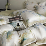 Qfdian Floral Plant Print Color Blocking Bedding Set Lyocell Bamboo Fiber Soft Silky Duvet Cover Flat/Fitted Bed Sheet Pillowcases 4Pcs