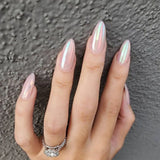 Qfdian 24Pcs Mid-length Stiletto Fake Nail with Jelly Glue Aurora Pure White Design Almond False Nails Wearable Oval Press on Nails