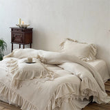 Qfdian 20% Linen And 80% Cotton Double Layer Lace Ruffles Vintage French Bedding Set Duvet Cover Flat/Fitted Bed Sheet Pillowcases 4Pcs