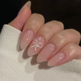 Qfdian  24pcs Press on Fake Nails Set Almond Wearable Simple French Flower False Nail Art Gold Beads Design Diamond Manicure Tips