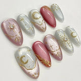 Qfdian  24pcs Red Cat Eye Press on Nails Pearl Heart Stick on Nails Bow French Fake Nails Sweet Cute Flower Nail Almond 3D False Nail