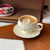 Qfdian  French Cream Relief Coffee Cups Set  Cafe Afternoon Tea Coffee Cups Retro Cappuccino Flower Patterned Cup Unique Creativity Gift