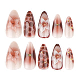 Qfdian  24pcs Retro Almond Press On Nails Brown Marble Cracks Ice Flower Printed False Nails European Wearable French Style Fake Nail