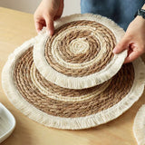 Qfdian  Round Straw Woven Placemats Kitchen Dining Table Mat Braided Tassel Place Mat Heat Resistant Pad Table Decoration Accessories