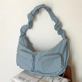 Qfdian Vintage Women Nylon Zipper Hobo Bag Streetwear All Match Y2k Aesthetic Ins Shoulder Bags Drawstring Pleated Handbags Crossbody