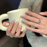 Qfdian 10pcs Almond Handmade Press On Nails Blue Flower Simple Fake Nails Glitter Wearable Decoration False Nails Full Cover Tips Art ﻿