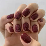 Qfdian 24Pcs Simple False Nails with Glue Short Almond Fake Nails Glitter Aurora Round Head Full Cover Nail Tips Oval Press on Nails