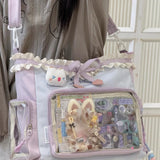 Qfdian  Japanese Y2k Fashion Kawaii Shoulder Handbags Transparent Bow Chic Crossbody Ita Bag Patchwork Fashion Sweet All Match Tote Bags