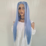 Qfdian Blue Wig Long Straight Synthetic Lace Front Wig Glueless Wig Ready to Wear Light Blue Hair Lace Wigs for Women Party Cosplay