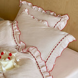 Qfdian  100% Cotton Double Yarn Bedding Set, Soft Ruffle Duvet Cover with Pillowcases, Queen King Size Pink Bed Linen for Girls Bedroom