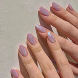 Qfdian  24Pcs Solid Color Grey Almond Fake Nail Cat's Eye Design Wearable Round Head False Nails with Shiny Powder Press on Nails